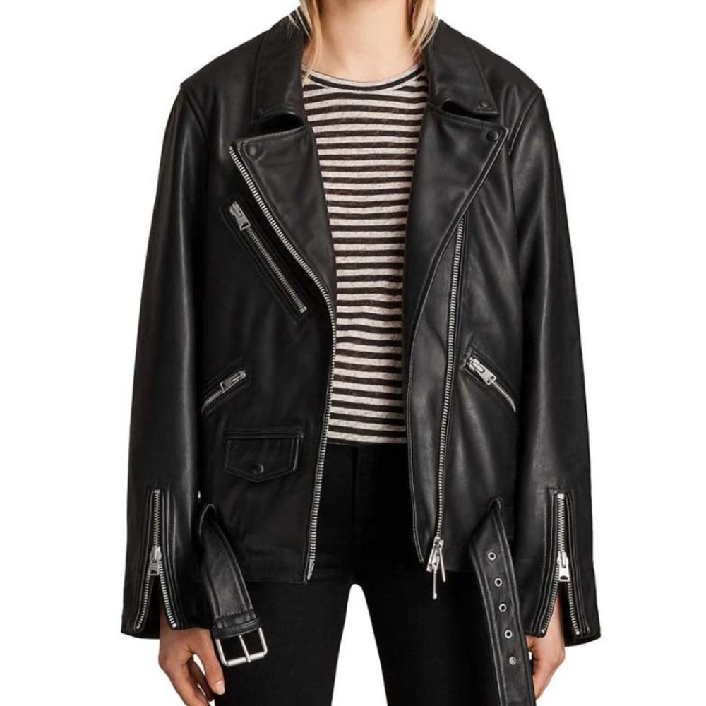 All Saints Oversized Moto Black Leather jacket women's size Medium